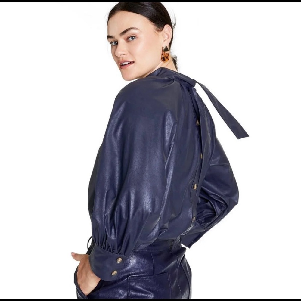 Rachel Comey x target Navy long sleeve faux leather tie back top- size XXS